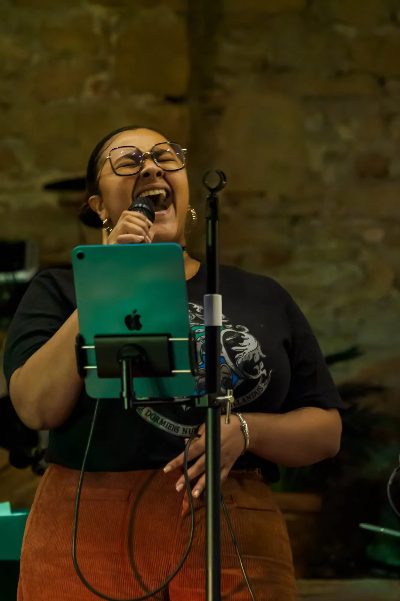 La chanteuse au micro, en plein refrain